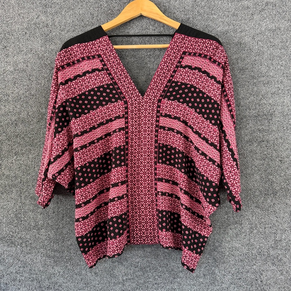 Rose + Olive Womens 3/4 Sleeve Floral Top Size Medium Pink Boho V Neck Festival